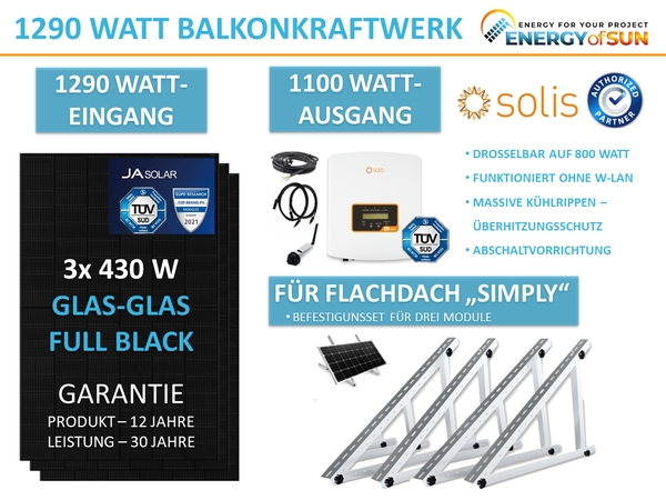1290/800 Watt Balkonkraftwerk Solis Flachdach GLAS GLAS Module
