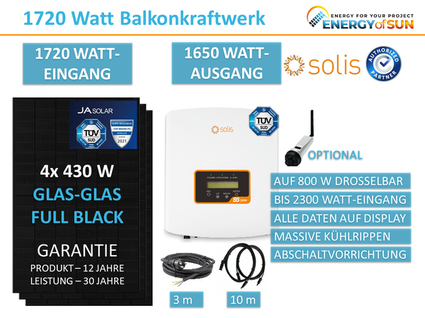1720/1650 Watt Balkonkraftwerk Solis GLAS-GLAS Module